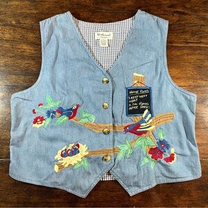Vintage Westbound Embroidered Vest L Denim Gingham Bird Whimsical Nature Grandma